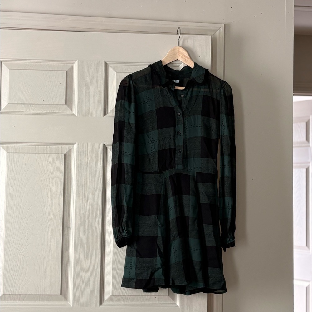 Reformation Green and Black Plaid Long Sleeve Dress
